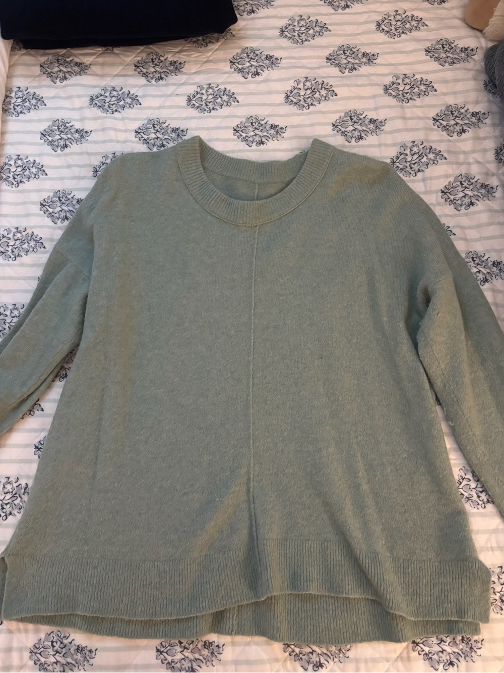 Soft Sage Green Ribbed Hem Crewneck Sweater